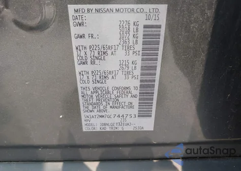 2016 Nissan Rogue Sv from USA, damaged, VIN 5N1AT2MM7GC744753